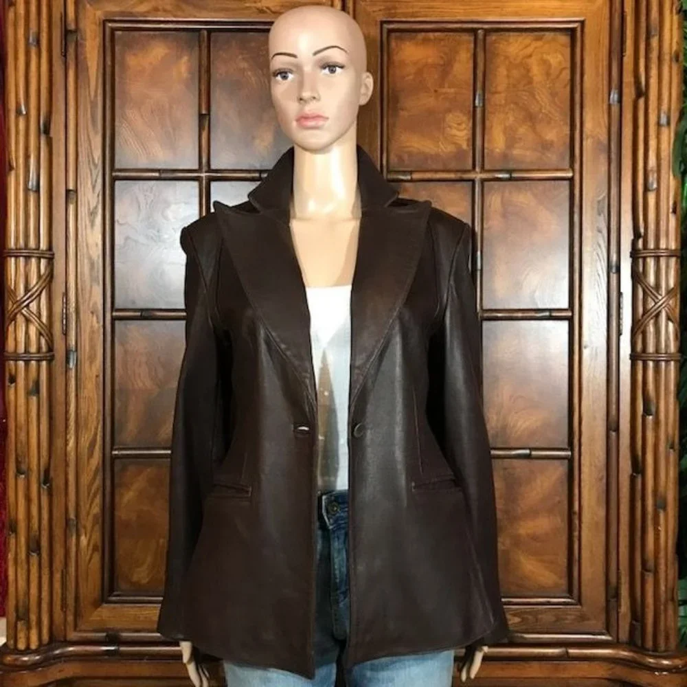 Anne Klein Genuine Lambskin Leather Couture Cocoa Wide Lapel Blazer - Picture 1 of 13
